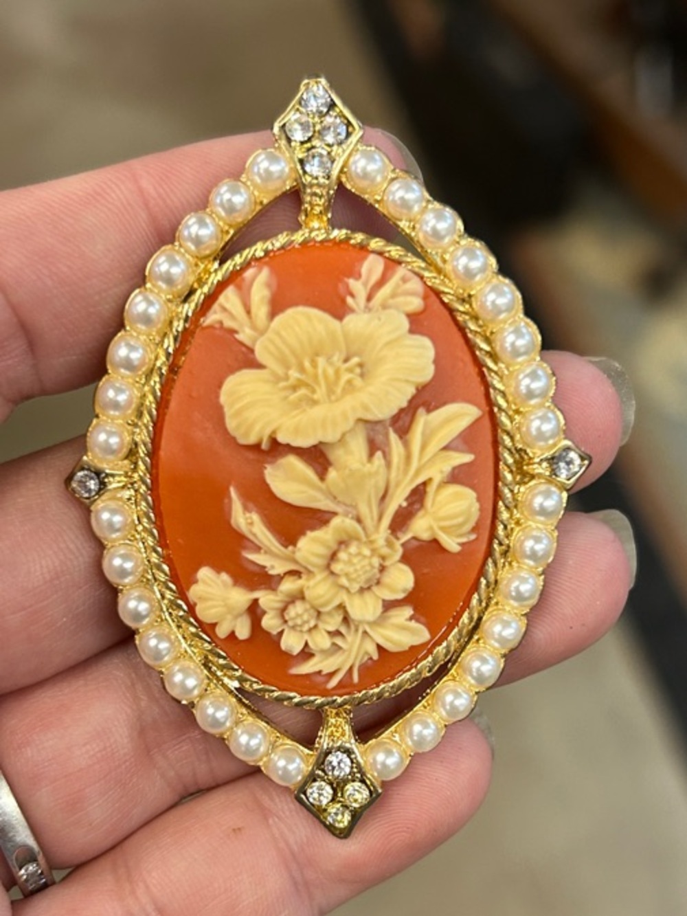 Vintage Orange & Cream Floral Cameo Brooch with Pearl Frame